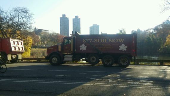 Grillo Services truck in Central Park after delivering a load of topsoil.